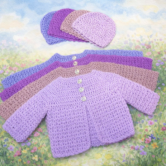 Hand Crocheted Meadows Newborn Cardigan and Beanie Set - Baby Shower Gift