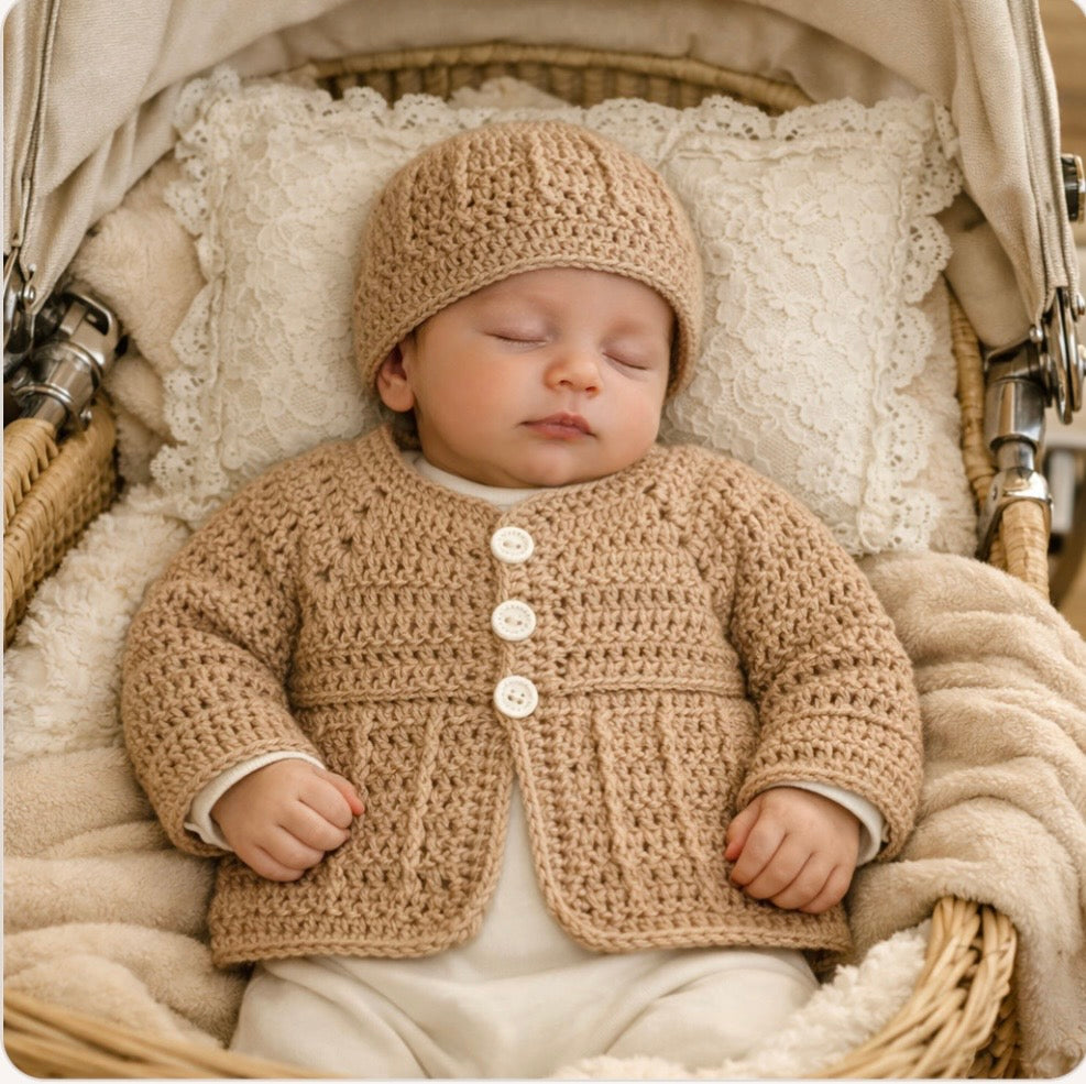 Hand Crocheted “Wattle” Newborn Cardigan and Beanie Set - Baby Shower Gift