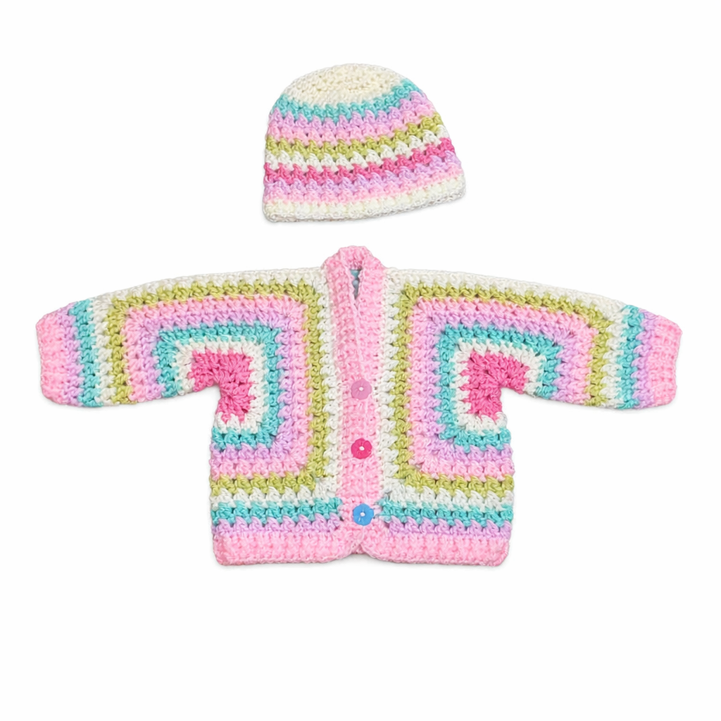 Hand Crocheted “Maisie” Multi Coloured Criss Cross Hexi Baby Cardigan and Beanie Set