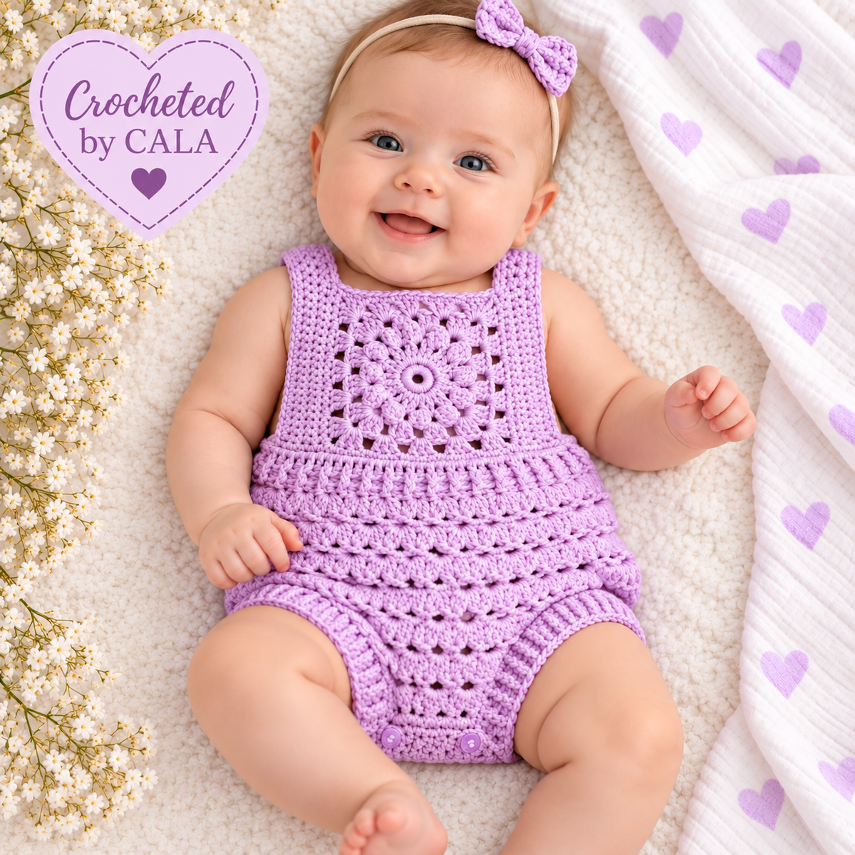 Hand Crocheted Pure Cotton Baby Mandala Romper | 0-3 months - Crocheted by CALA