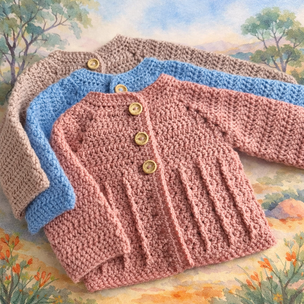 Hand Crocheted Wattle Newborn Cardigan and Beanie Set - Baby Shower Gift