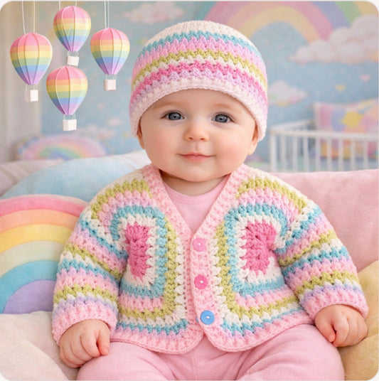 Hand Crocheted “Maisie” Multi Coloured Criss Cross Hexi Baby Cardigan and Beanie Set