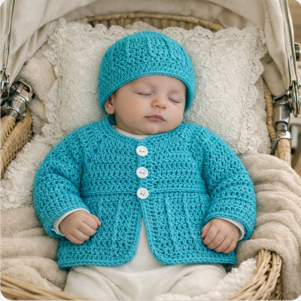 Hand Crocheted “Wattle” Newborn Cardigan and Beanie Set - Baby Shower Gift
