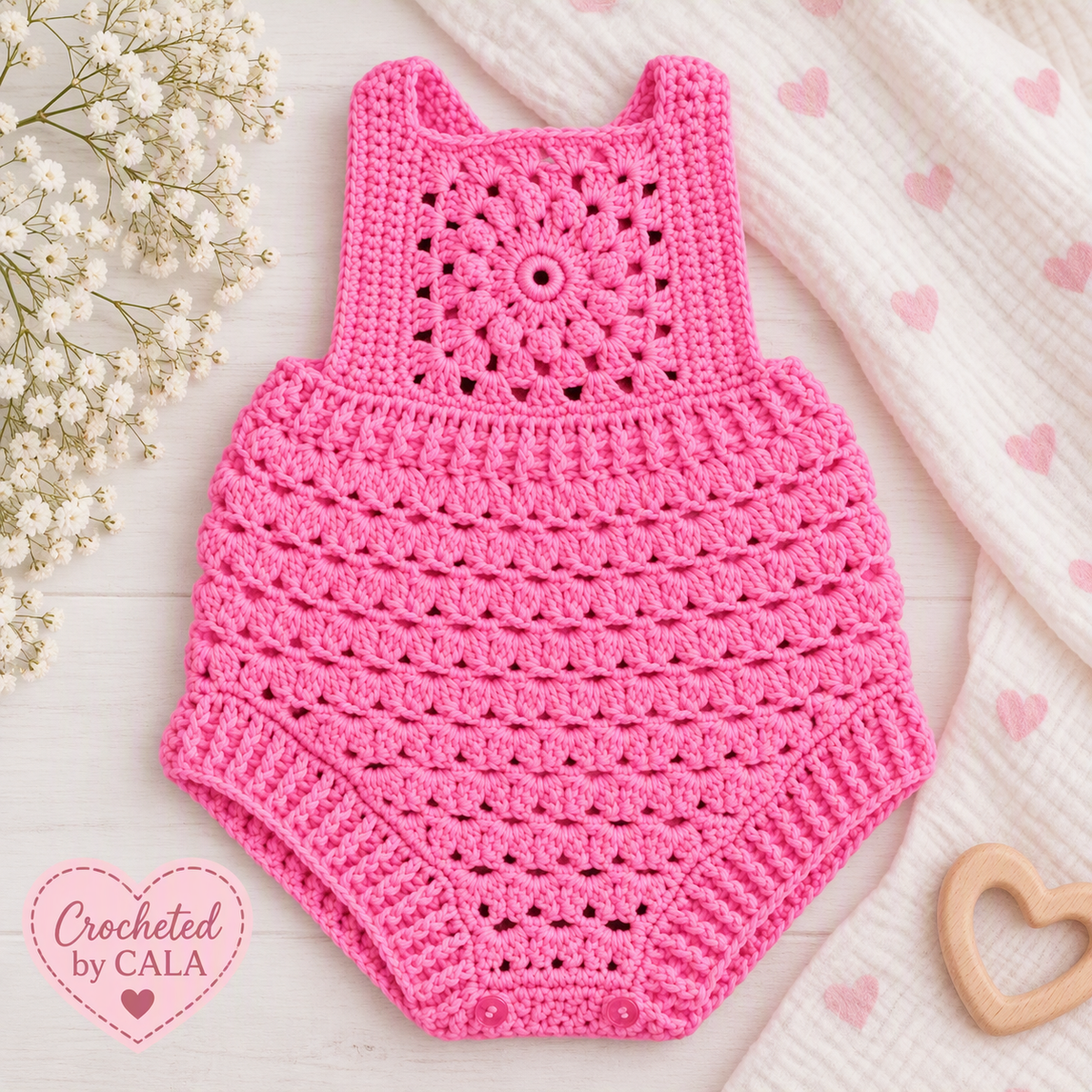 Hand Crocheted Pure Cotton Baby Mandala Romper | 0-3 months - Crocheted by CALA