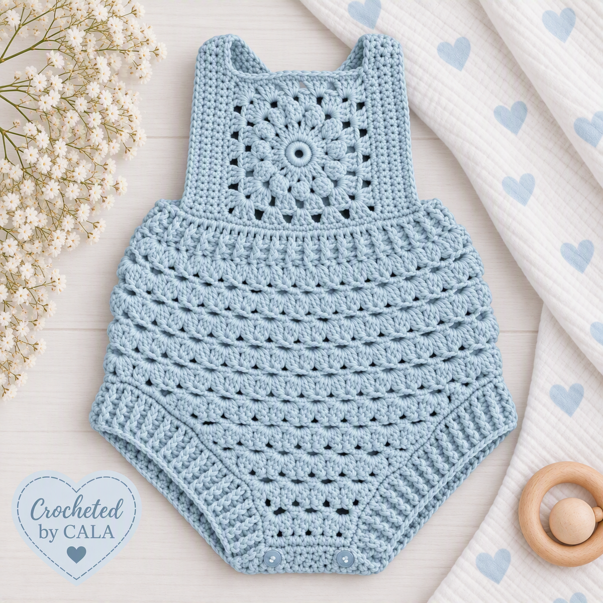 Hand Crocheted Pure Cotton Baby Mandala Romper | 0-3 months - Crocheted by CALA