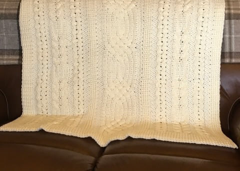 CELTIC Cable design Blanket - Throw - Afghan - Champagne White - Hand Crocheted by CALA