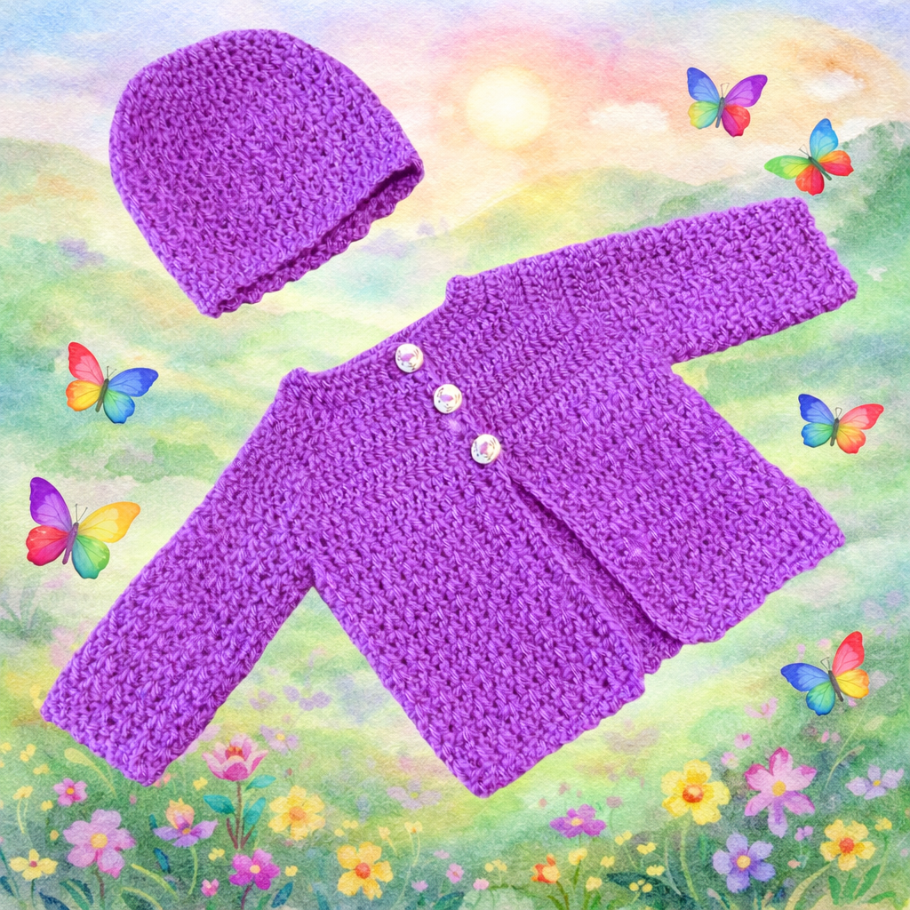 Hand Crocheted Meadows Newborn Cardigan and Beanie Set - Baby Shower Gift