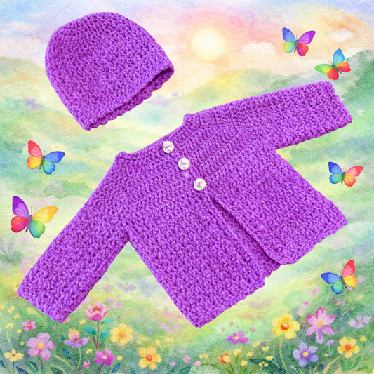 Hand Crocheted Meadows Newborn Cardigan and Beanie Set - Baby Shower Gift