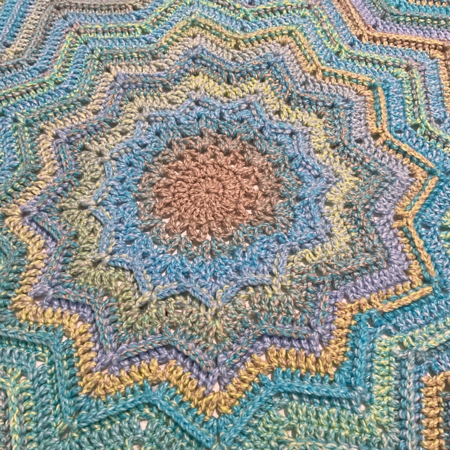 12 Point Star Round Ripple Blanket - Baby Kids Blanket - Blue Multicoloured - Hand Crocheted by CALA