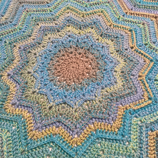 12 Point Star Round Ripple Blanket - Baby Kids Blanket - Blue Multicoloured - Hand Crocheted by CALA
