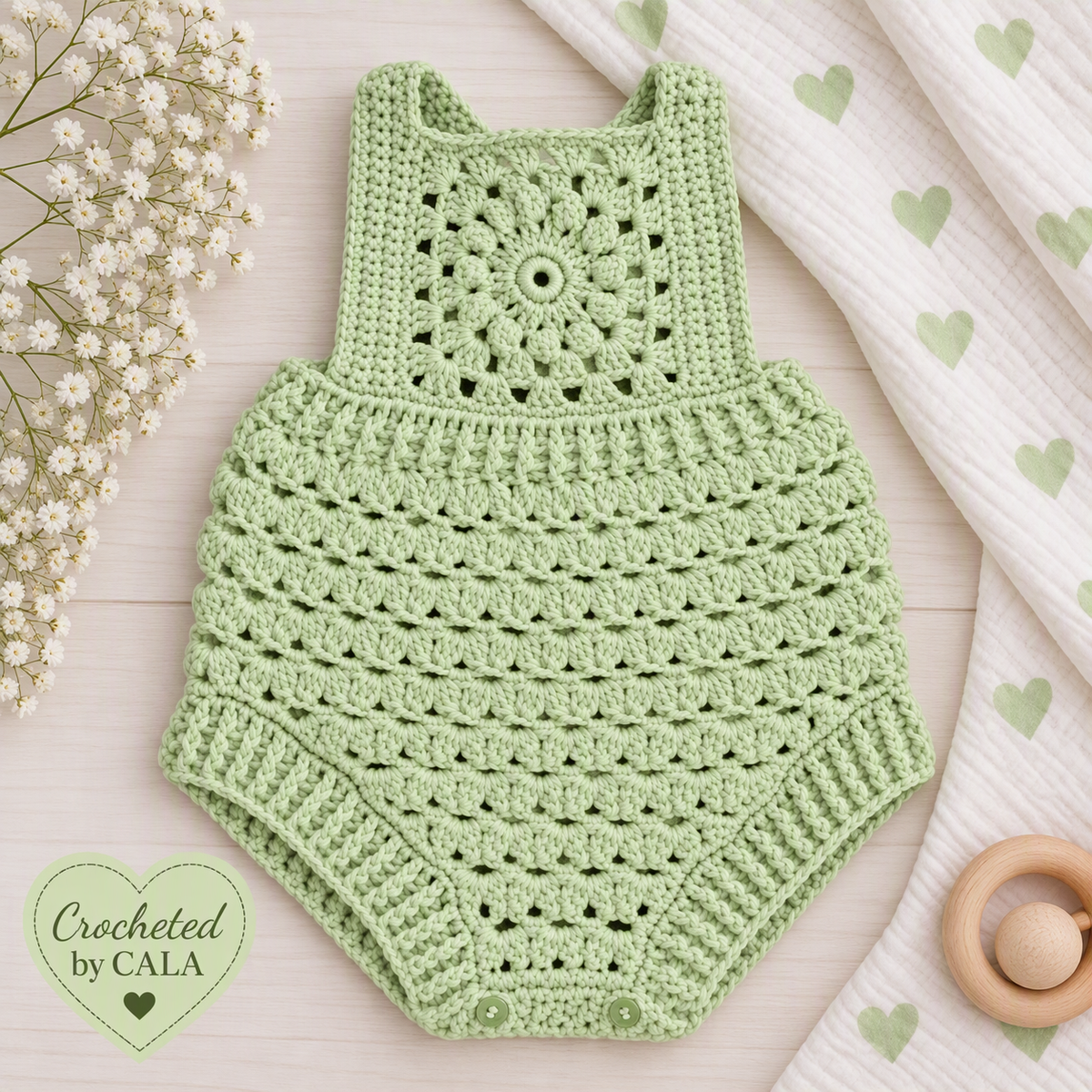 Hand Crocheted Pure Cotton Baby Mandala Romper | 0-3 months - Crocheted by CALA