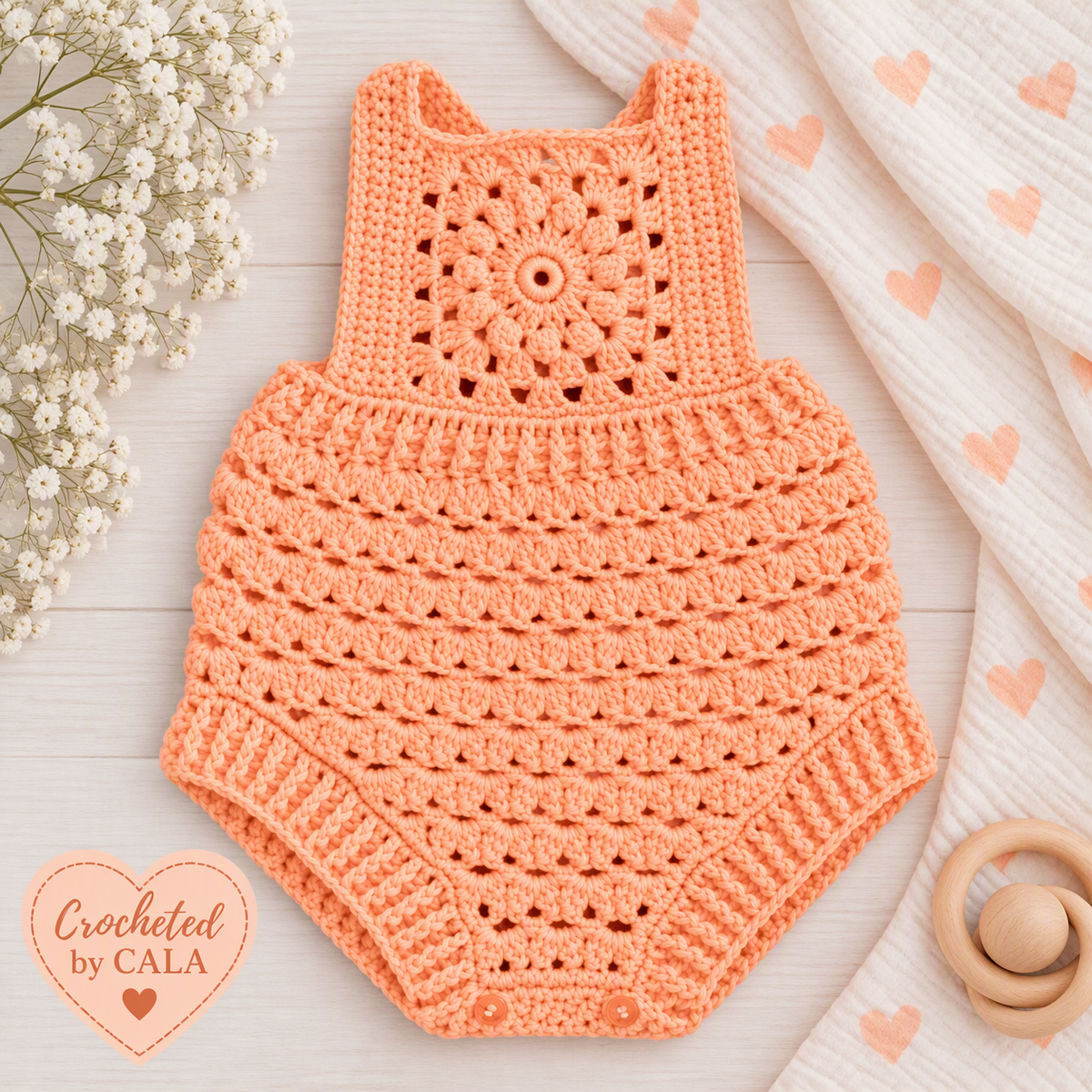 Hand Crocheted Pure Cotton Baby Mandala Romper | 0-3 months - Crocheted by CALA