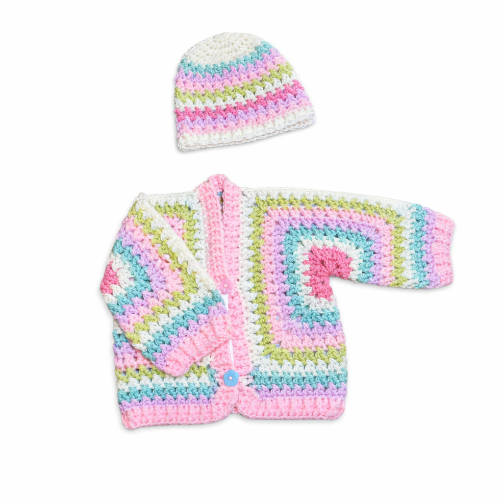 Hand Crocheted “Maisie” Multi Coloured Criss Cross Hexi Baby Cardigan and Beanie Set