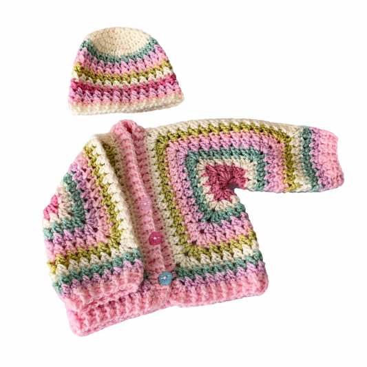 Hand Crocheted “Maisie” Multi Coloured Criss Cross Hexi Baby Cardigan and Beanie Set