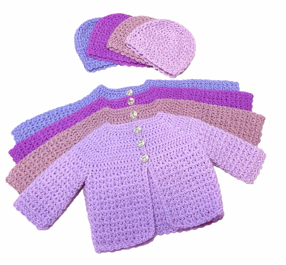Hand Crocheted Meadows Newborn Cardigan and Beanie Set - Baby Shower Gift