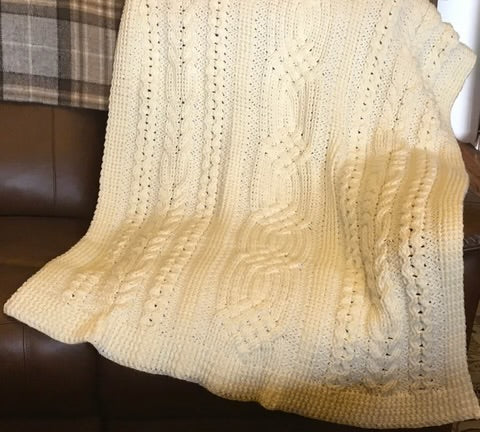 CELTIC Cable design Blanket - Throw - Afghan - Champagne White - Hand Crocheted by CALA