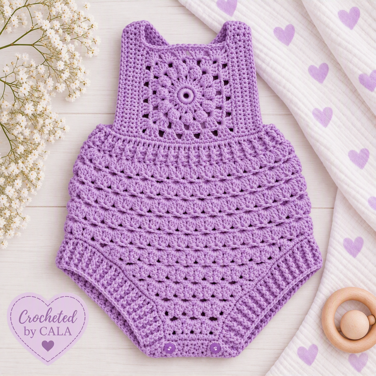 Hand Crocheted Pure Cotton Baby Mandala Romper | 0-3 months - Crocheted by CALA