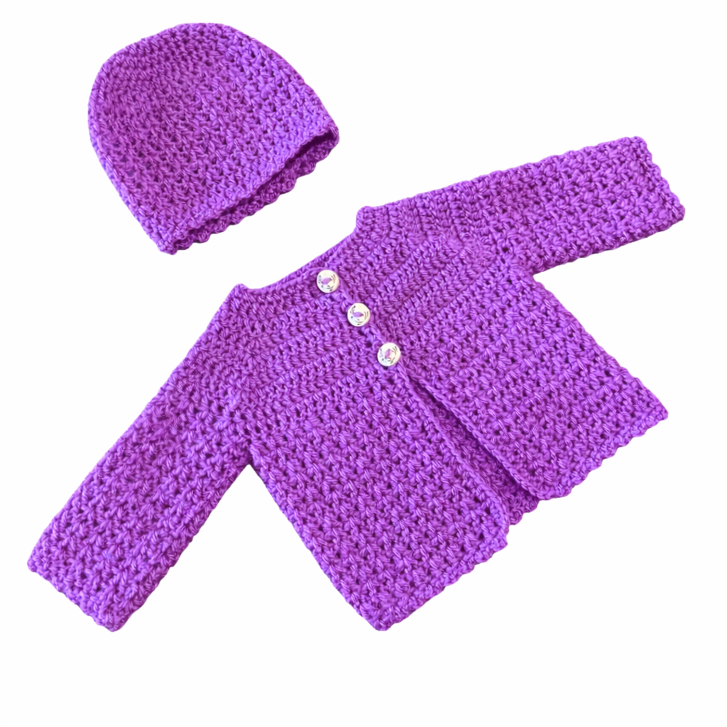 Hand Crocheted Meadows Newborn Cardigan and Beanie Set - Baby Shower Gift