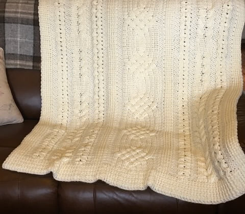 CELTIC Cable design Blanket - Throw - Afghan - Champagne White - Hand Crocheted by CALA