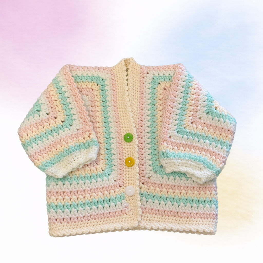 Hand Crocheted Pastel Multi Coloured Hexi Cardigan and Beanie