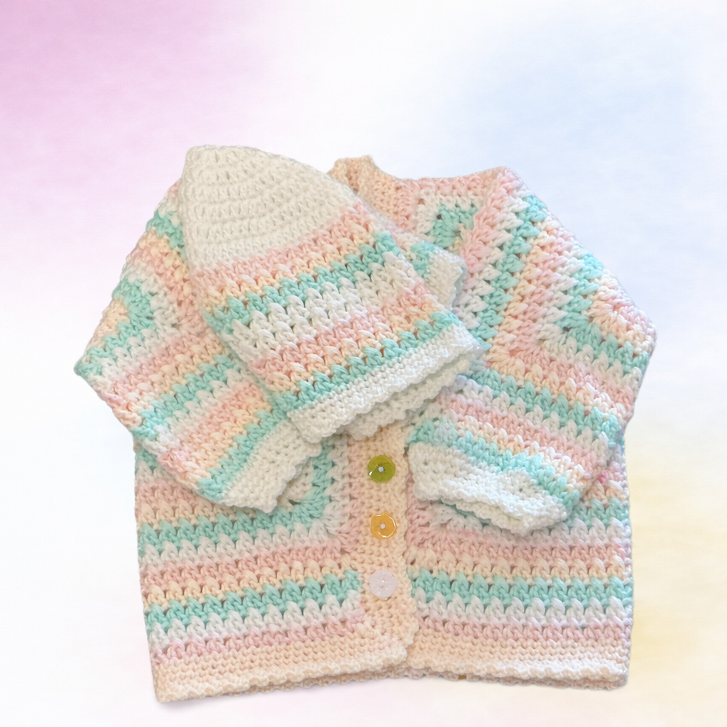 Hand Crocheted Pastel Multi Coloured Hexi Cardigan and Beanie