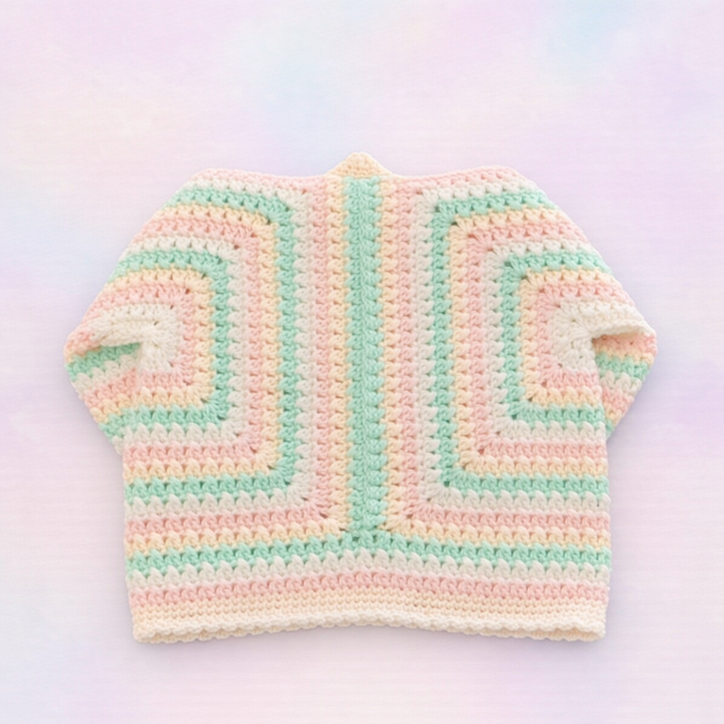 Hand Crocheted Pastel Multi Coloured Hexi Cardigan and Beanie